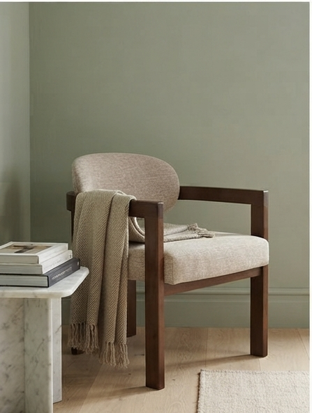 Modern Wooden Dining Set with Upholstered Armchairs – Walnut &amp; Beige