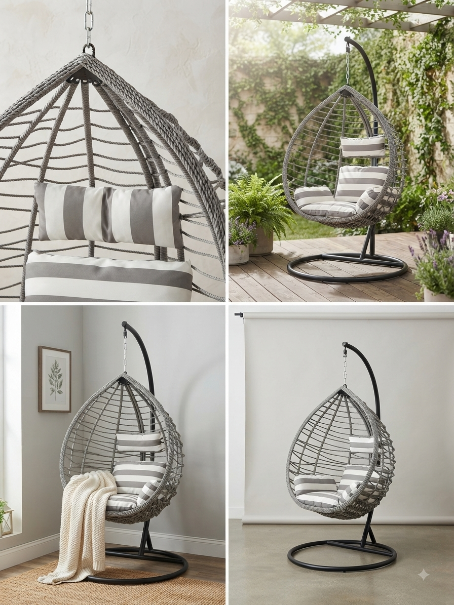 Hanging Egg Chair with Stand & Striped Cushions – Grey & White