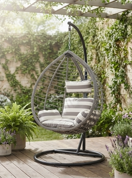 Hanging Egg Chair with Stand & Striped Cushions – Grey & White