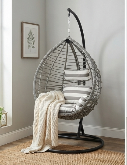 Hanging Egg Chair with Stand & Striped Cushions – Grey & White