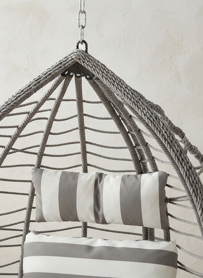 Hanging Egg Chair with Stand & Striped Cushions – Grey & White