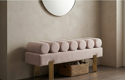 Modern Upholstered Accent Bench with Cylindrical Bolster Rollers