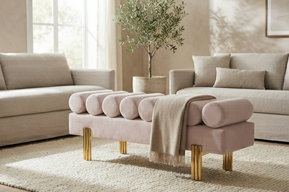 Modern Upholstered Accent Bench with Cylindrical Bolster Rollers