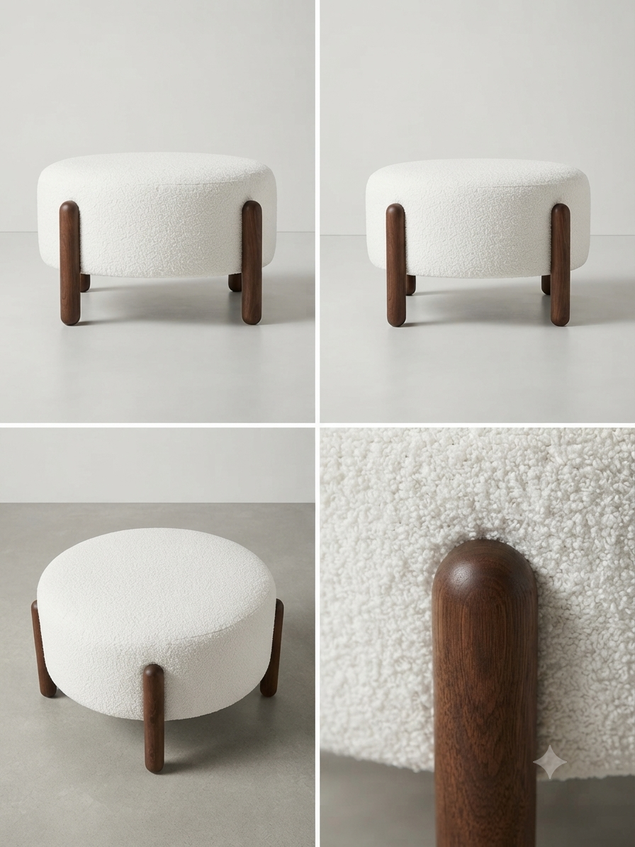 Modern Round Bouclé Ottoman with Wooden Legs