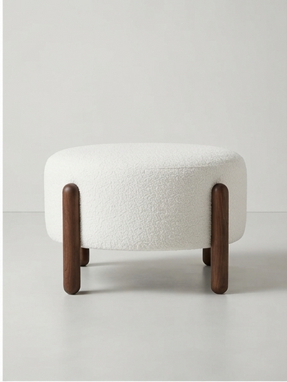Modern Round Bouclé Ottoman with Wooden Legs