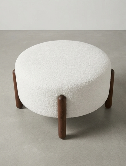 Modern Round Bouclé Ottoman with Wooden Legs