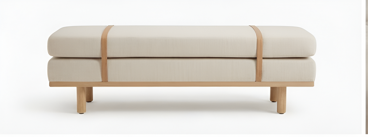 Modern Upholstered Accent Bench with Leather Straps & Wooden Base