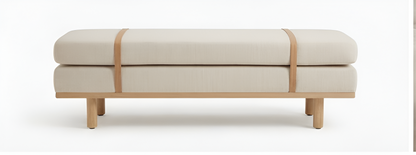 Modern Upholstered Accent Bench with Leather Straps & Wooden Base