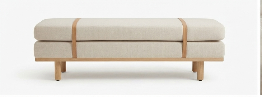 Modern Upholstered Accent Bench with Leather Straps & Wooden Base