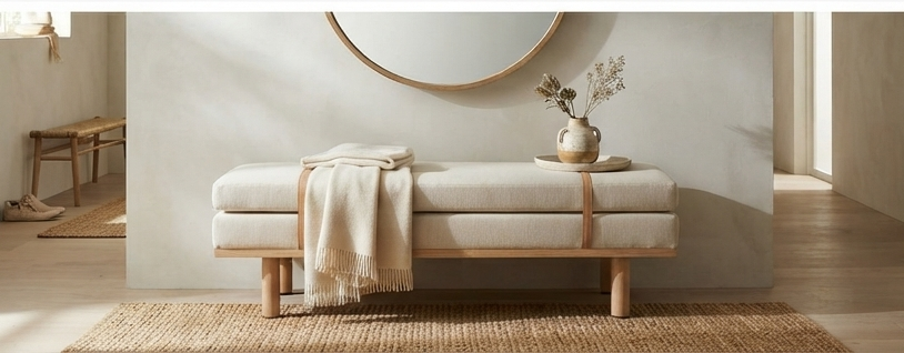 Modern Upholstered Accent Bench with Leather Straps & Wooden Base
