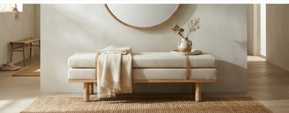 Modern Upholstered Accent Bench with Leather Straps & Wooden Base