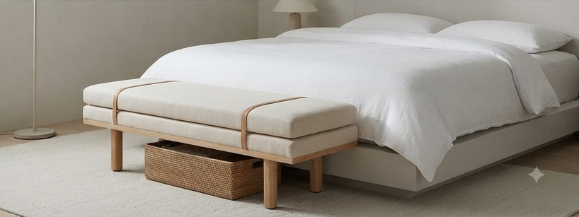 Modern Upholstered Accent Bench with Leather Straps & Wooden Base