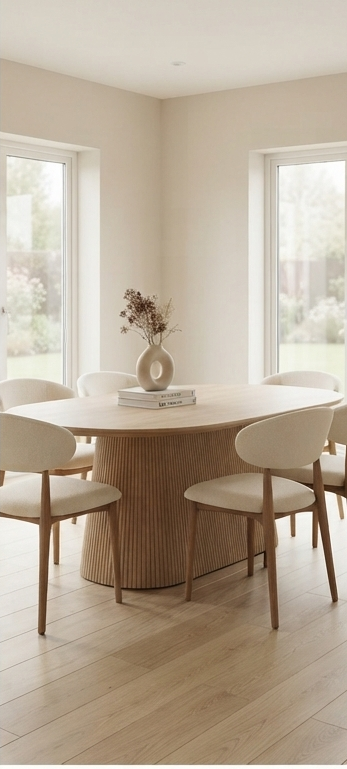 Modern Minimalist Oval Dining Set with 6 Upholstered Chairs – Natural Wood &amp; Cream