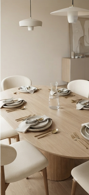 Modern Minimalist Oval Dining Set with 6 Upholstered Chairs – Natural Wood &amp; Cream