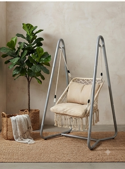 Free-Standing Macramé Hanging Chair with Stand & Beige Cushions