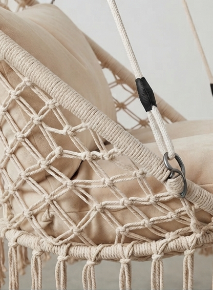 Free-Standing Macramé Hanging Chair with Stand & Beige Cushions