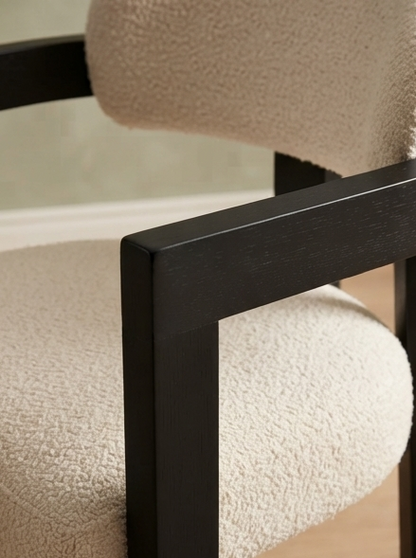 Modern Black Dining Table Set with 6 Curved Upholstered Armchairs – Black & Beige