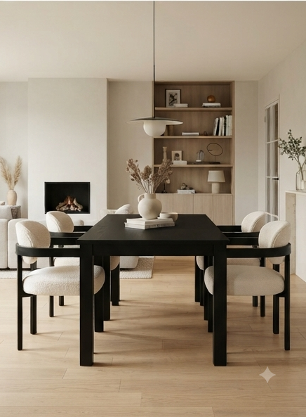 Modern Black Dining Table Set with 6 Curved Upholstered Armchairs – Black & Beige