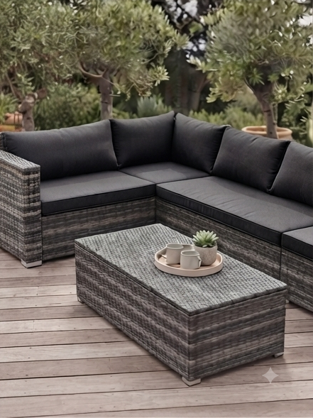 Outdoor Rattan Sectional Sofa Set with Coffee Table &amp; Cushions – Grey Wicker