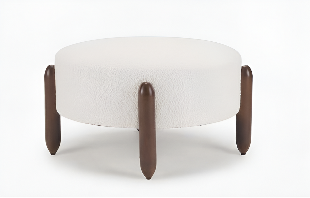 Modern Upholstered Round Ottoman with Unique Wooden Legs – view 2 – Santorini Store