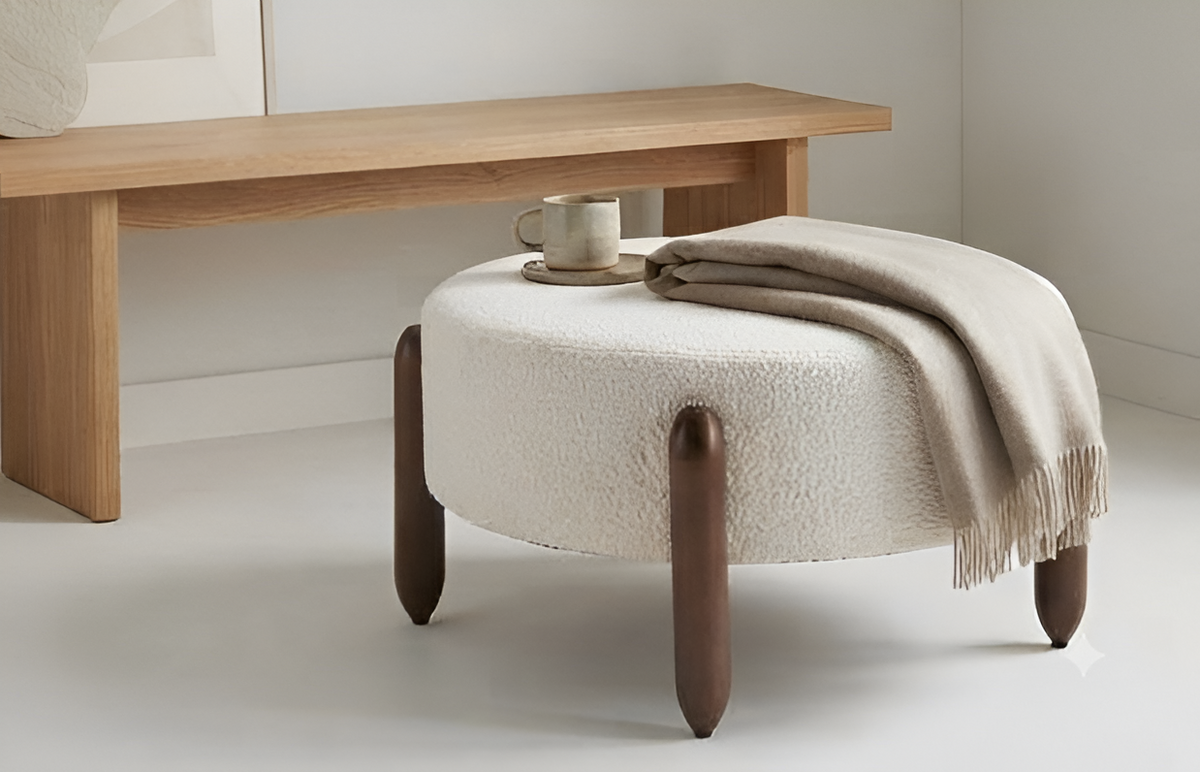 Modern Upholstered Round Ottoman with Unique Wooden Legs – view 4 – Santorini Store