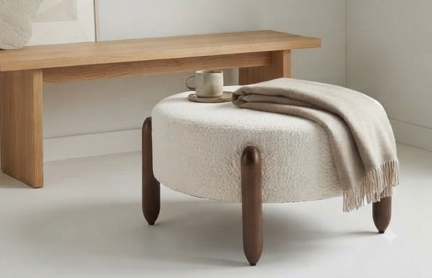Modern Upholstered Round Ottoman with Unique Wooden Legs