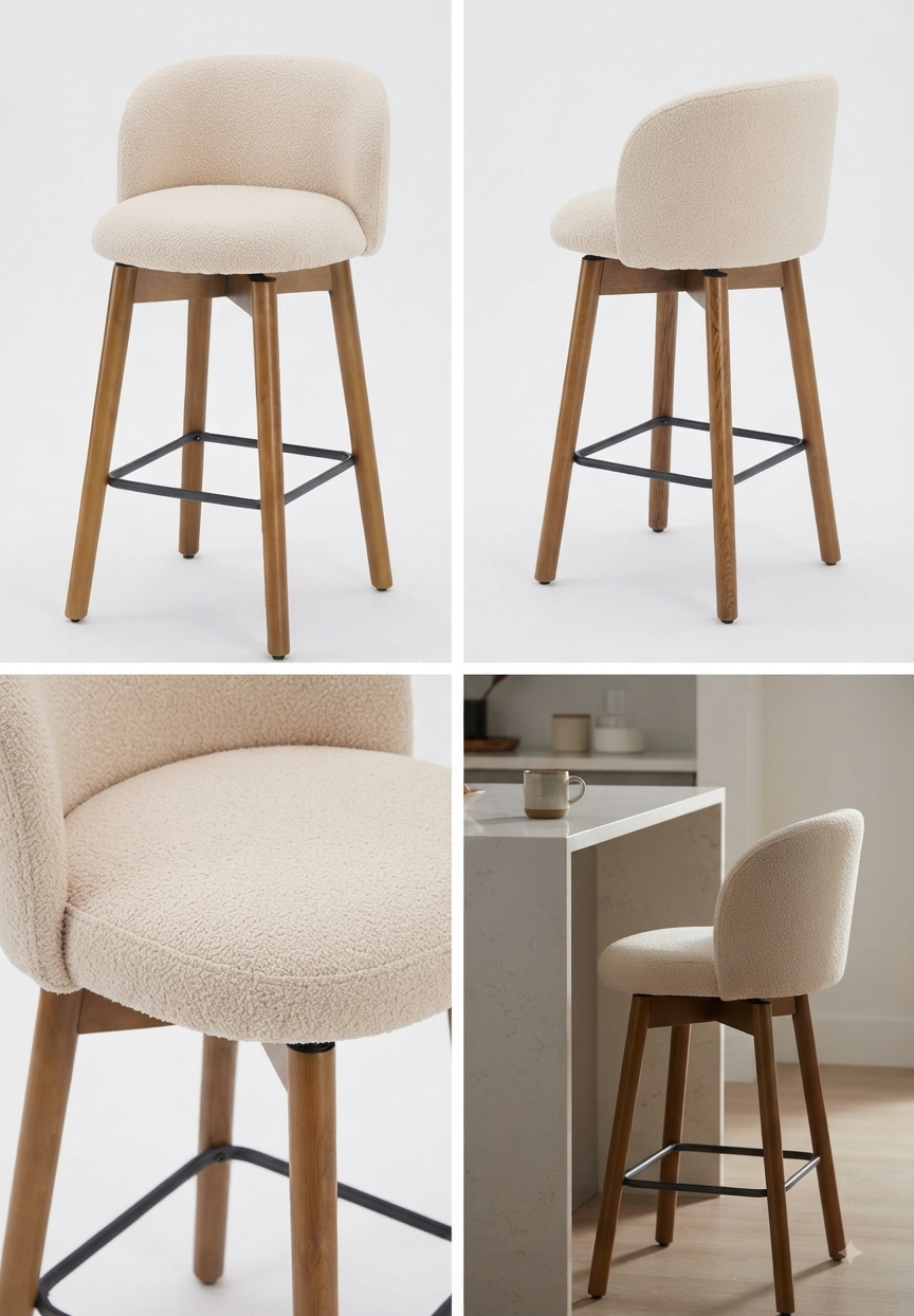 Modern Upholstered Swivel Bar Stool with Wooden Legs & Footrest