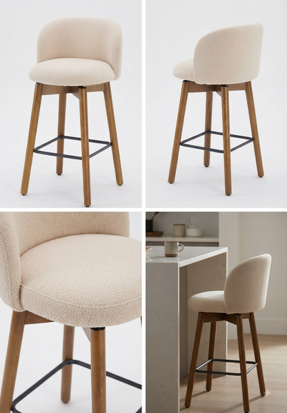 Modern Upholstered Swivel Bar Stool with Wooden Legs & Footrest