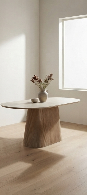 Modern Oval Ceramic Dining Table with Fluted Pedestal Base – Natural Wood Finish
