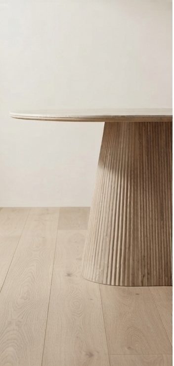 Modern Oval Ceramic Dining Table with Fluted Pedestal Base – Natural Wood Finish