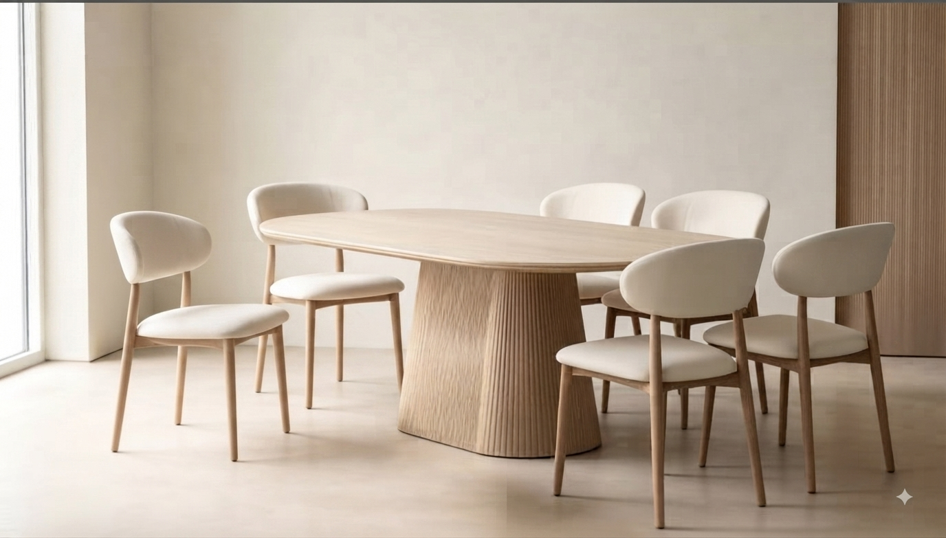 Modern Minimalist Oval Dining Set with 6 Upholstered Chairs – Natural Wood &amp; Cream