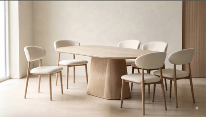 Modern Minimalist Oval Dining Set with 6 Upholstered Chairs – Natural Wood &amp; Cream