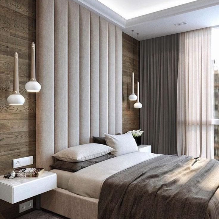 Modern Pale wall-to-ceiling panel headboard in a luxury bedroom
