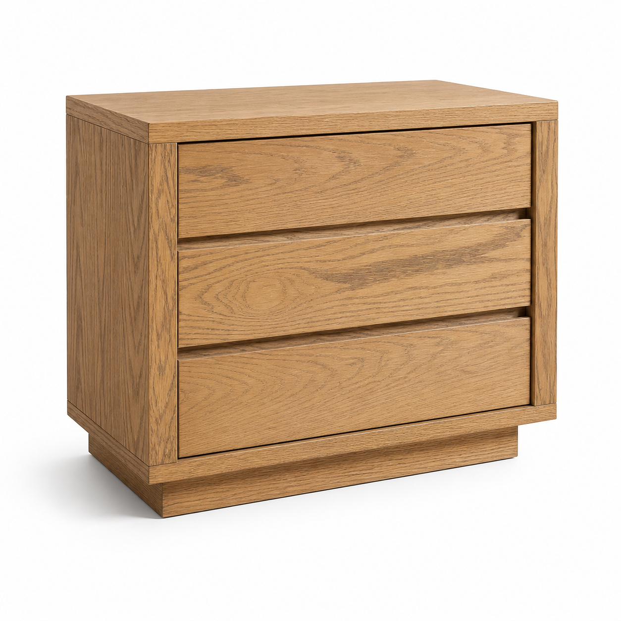 Artisanal 3-drawer bedside table in a minimalist, earthy bedroom setting