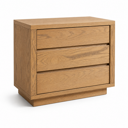 Artisanal 3-drawer bedside table in a minimalist, earthy bedroom setting