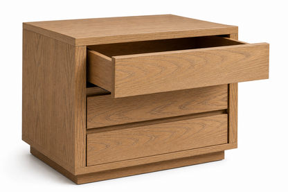 Handle-less wooden nightstand with a clean, contemporary silhouette