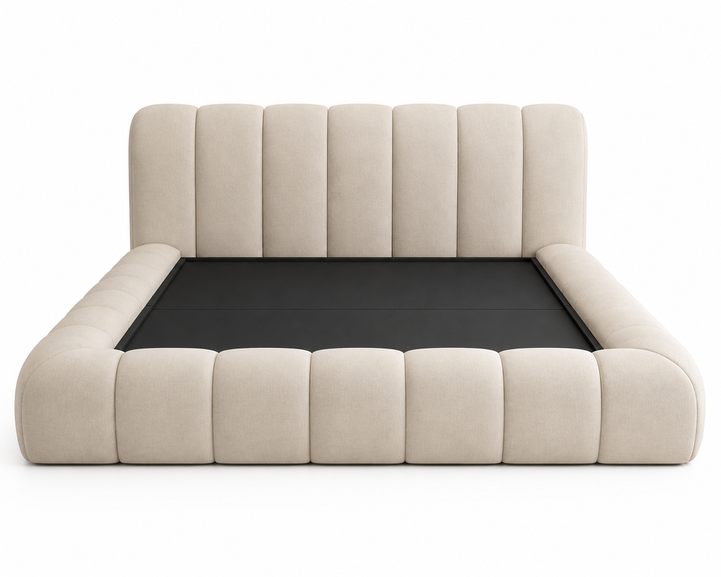 Luxury padded bed frame in a neutral minimalist bedroom setting