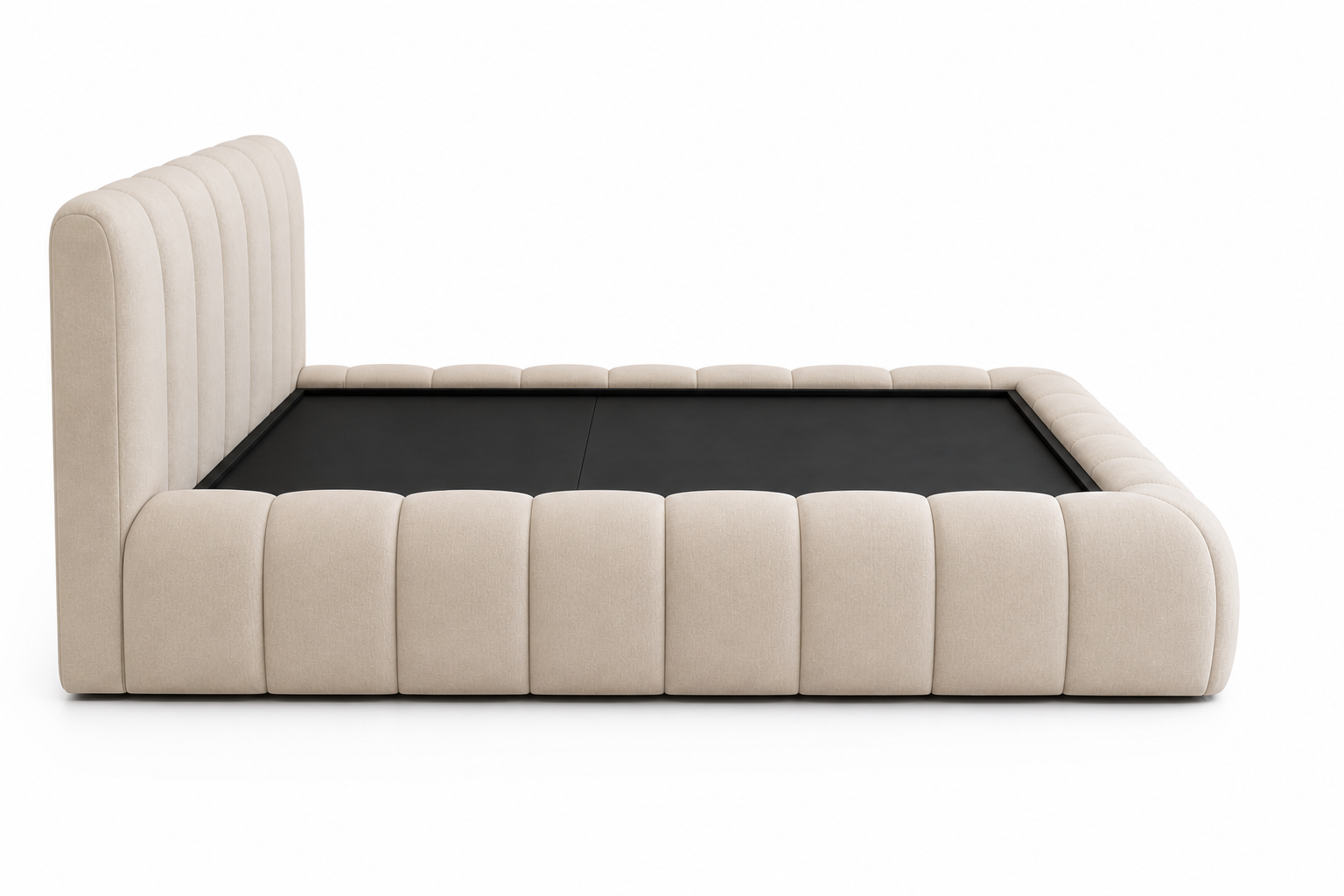Luxury padded bed frame in a neutral minimalist bedroom setting