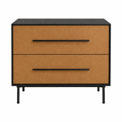 Modern Toodle pedestal with warm wood drawers and black metal frame
