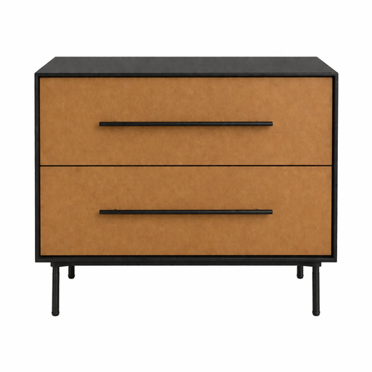 Modern Toodle pedestal with warm wood drawers and black metal frame