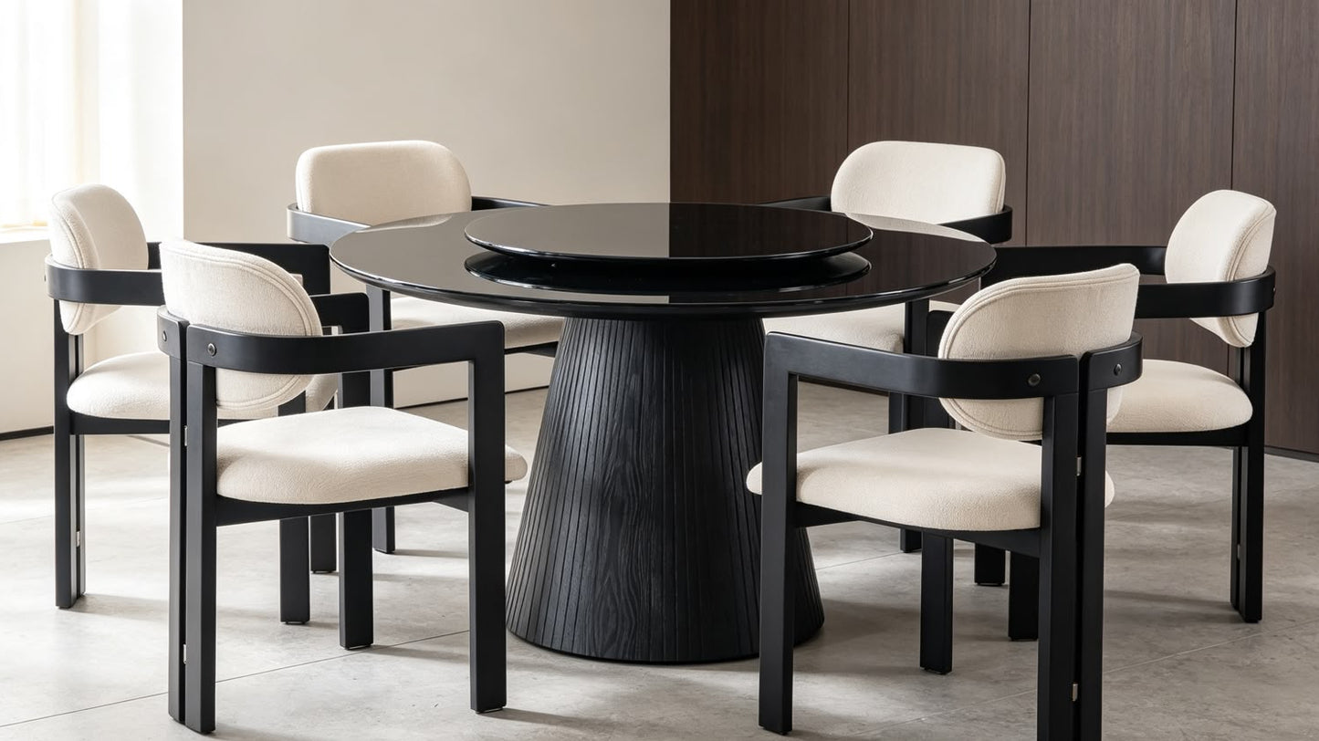 Modern Round Dining Set with Lazy Susan &amp; 6 Upholstered Armchairs – Black &amp; Cream