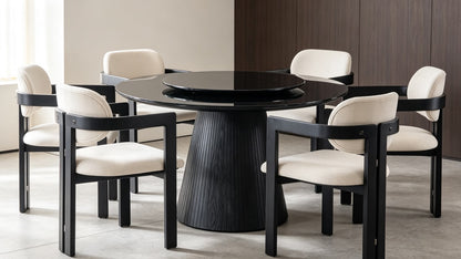 Modern Round Dining Set with Lazy Susan &amp; 6 Upholstered Armchairs – Black &amp; Cream