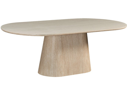 Modern Oval Ceramic Dining Table with Fluted Pedestal Base – Natural Wood Finish
