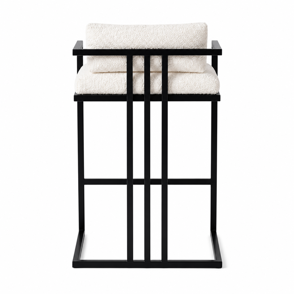 Modern Esas bar chairs featuring cream bouclé upholstery and black steel frames