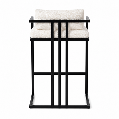 Modern Esas bar chairs featuring cream bouclé upholstery and black steel frames