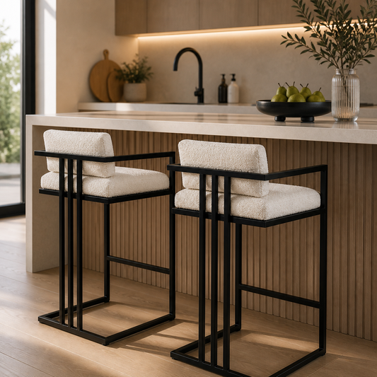 Handcrafted Esas bar chairs showing textured bouclé fabric and geometric lines