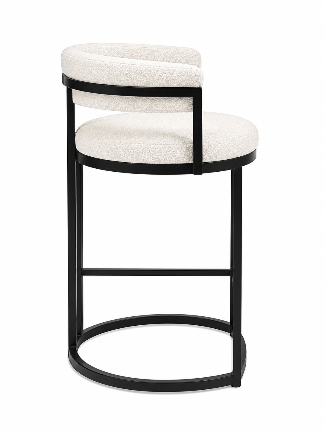 Handcrafted Lindo chair featuring textured bouclé fabric and a black metal frame
