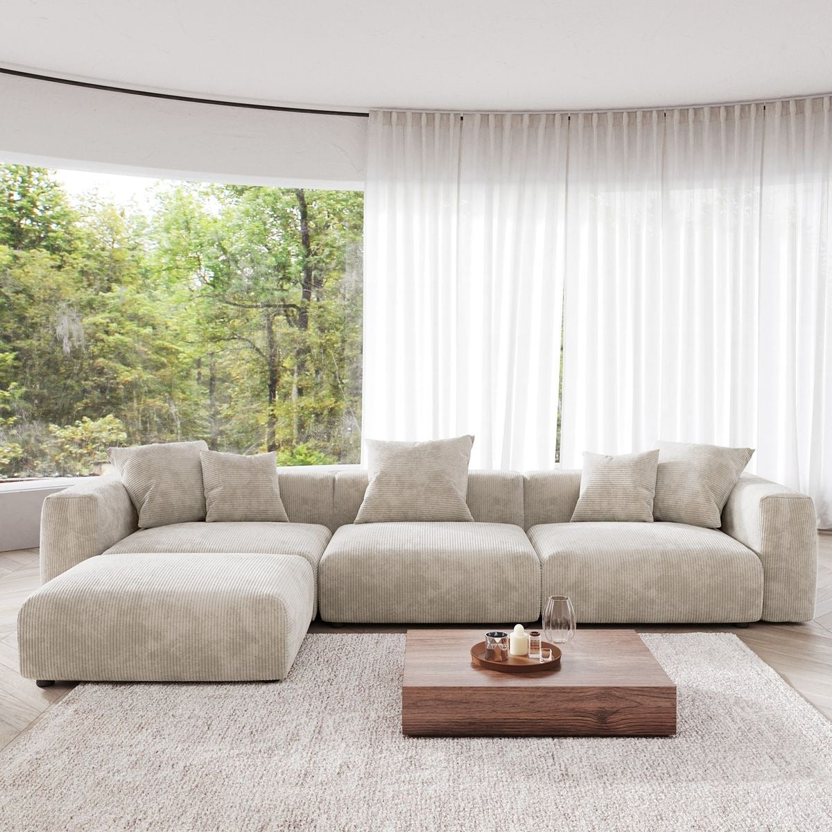 Vonia L-shaped couch in plush corduroy fabric with movable ottoman