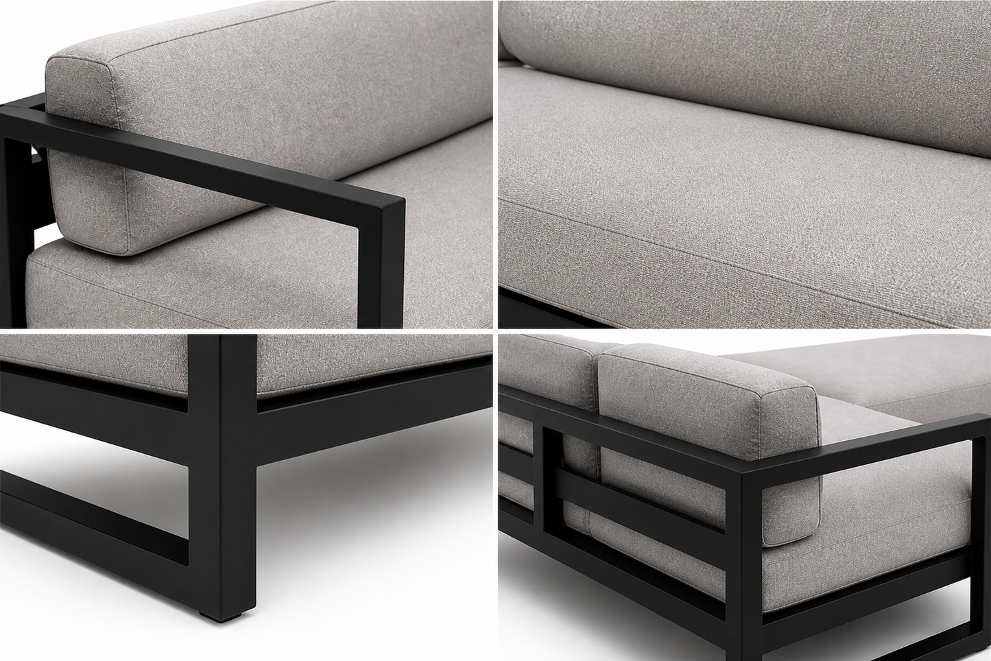Modern Londa outdoor sofa with a black metal frame and neutral cushions