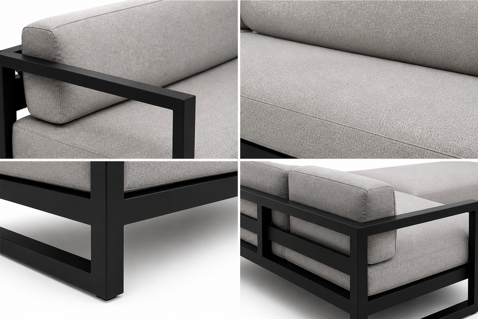 Modern Londa outdoor sofa with a black metal frame and neutral cushions